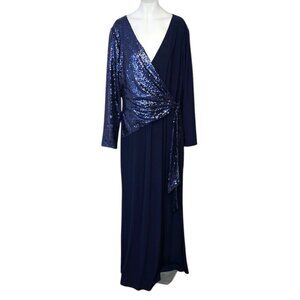 Lauren Ralph Lauren Womens Long Sleeve Sequin, Jersey Maxi Dress, Blue, Drape,14